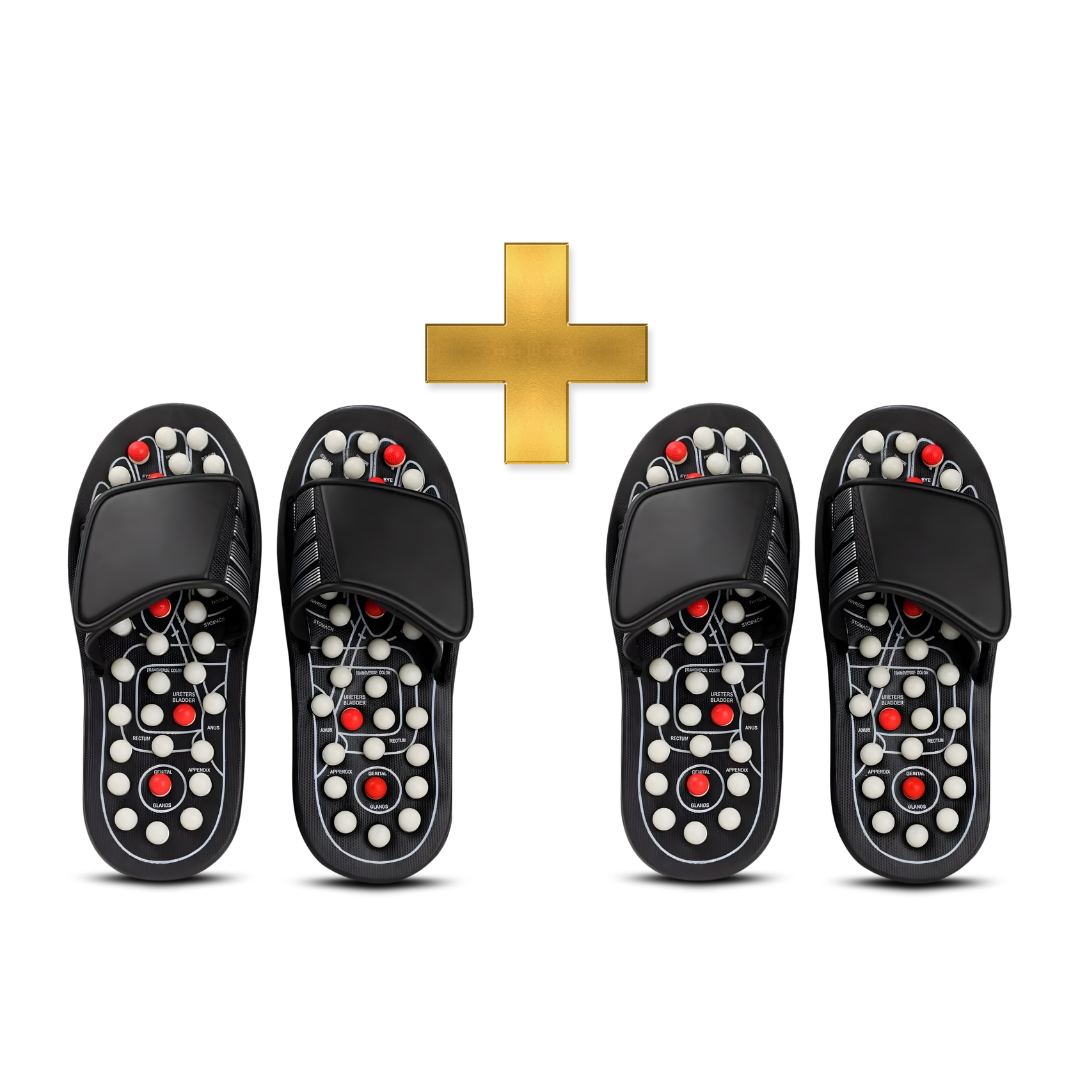 Four pairs of black acupressure sandals with acupressure nodes on a white background.